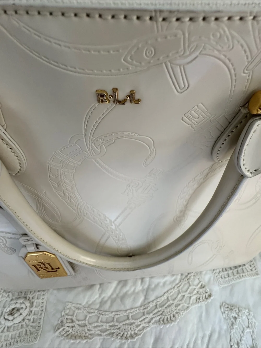 Ralph Lauren “Taylor, Belti Double-Zip Embossed Leather Satchel” in Ivory